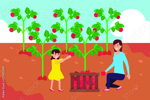 Parenthood vector concept: girl with her mother harvesting tomatoes happily