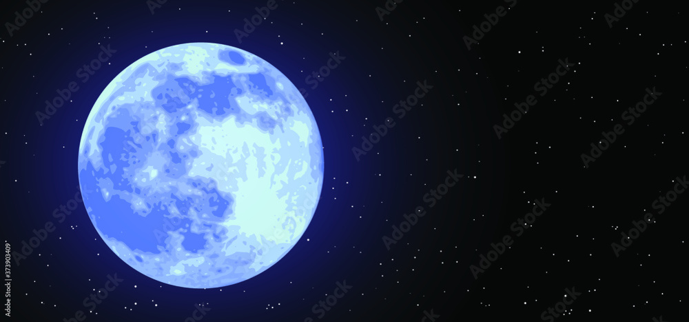 Vector moon and stars background. Moonlight night sky with stars. View lunar phase in space. Earth's moon glowing. Full Moon, supermoon, sar, blue maan, half moon, new moon. Moon shines through the tr