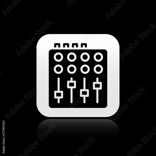 Black Sound mixer controller icon isolated on black background. Dj equipment slider buttons. Mixing console. Silver square button. Vector.