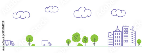 A dump truck carries the garbage from the city for recycling in modern waste incineration plant. Linear style. Illustration in blue and green color.