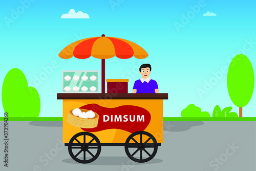 Dim sum cart vector concept: Happy Asian young man selling dim sum on the streets