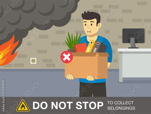 Fire safety activity. Scared young man is collecting office belongings. Flat vector illustration template.