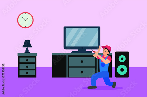 Television repair vector concept: technician repairing the television screen with a screwdriver in the living room