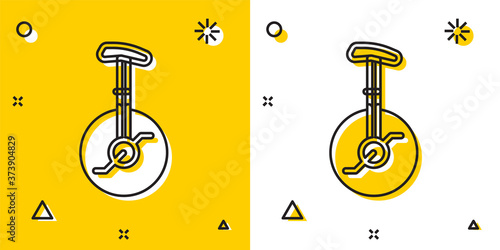 Black Unicycle or one wheel bicycle icon isolated on yellow and white background. Monowheel bicycle. Random dynamic shapes. Vector.