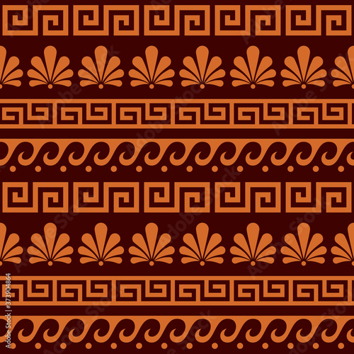 Greek ancient seamless vector pattern set - floral and geometric repetitive ornament, key pattern in brown and orange
 