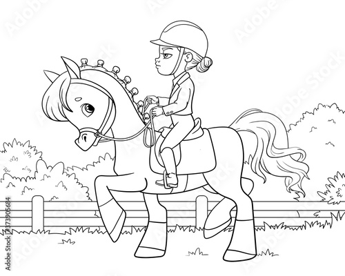Girl riding a horse. Equestrian sport. Coloring book for children. Cartoon vector illustration.