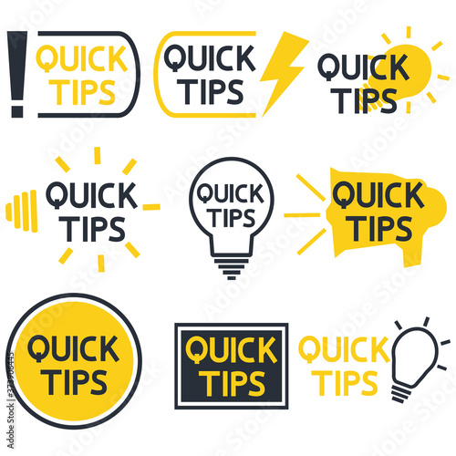 Quick tips. Yellow and black color icon with quicks tip text. Helpful idea, solution and trick illustration. Abstract banners with useful information, idea or advice with light bulb