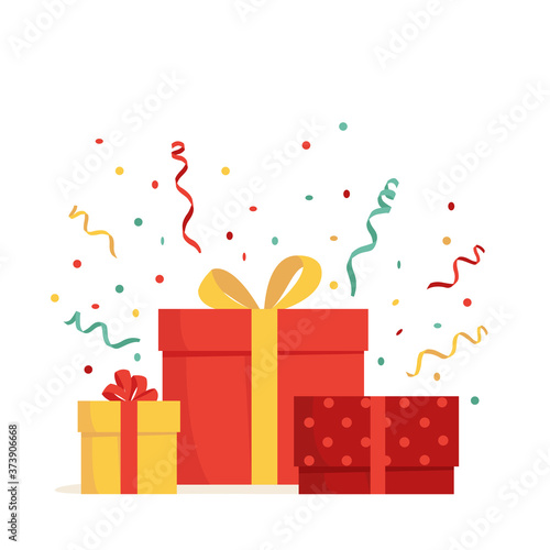 Bright colorful gift boxes decorated with serpentine and confetti isolated on white background. Concept vector illustration of gifts for new year, christmas, birthday, valentine's day