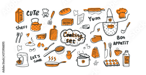 Linear set on the theme of cooking in a doodle style. Kitchen utensils and products. Apron, knife, mixer, frying pan, saucepan. Cooking at home and in the restaurant. Isolated on white background.