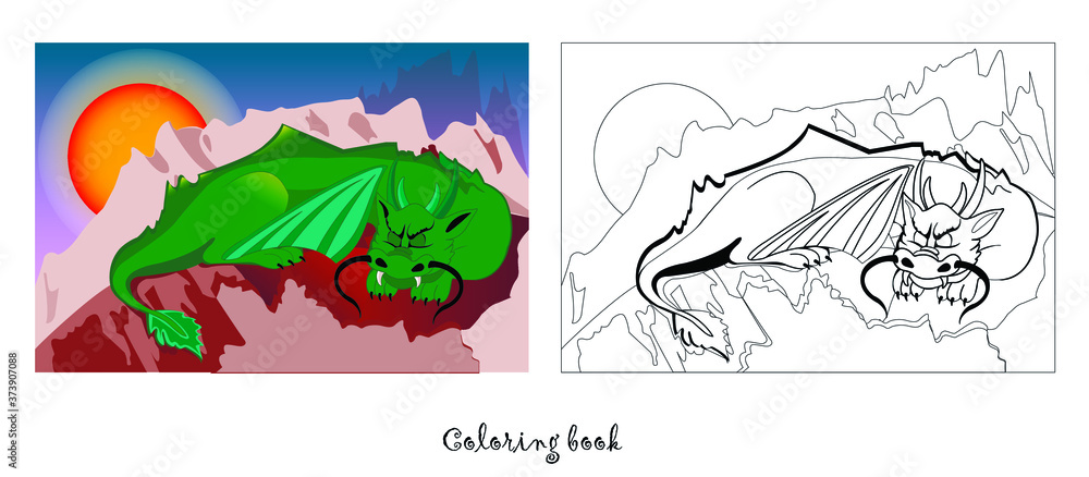 Coloring book. Cartoon vector illustration of a sleeping dragon