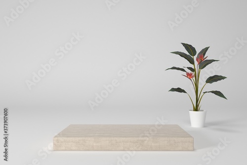 Minimal abstract background with flowers. Empty podium, white color, modern stage, showcase.minimalist mockup for podium display or showcase, 3d rendering.