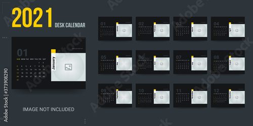 Calendar 2021 template layout design, monthly calendar ready for print, black background, business and corporate calendar 2021, 2021 calendar in minimal table, black and yellow color (ID: 373908290)