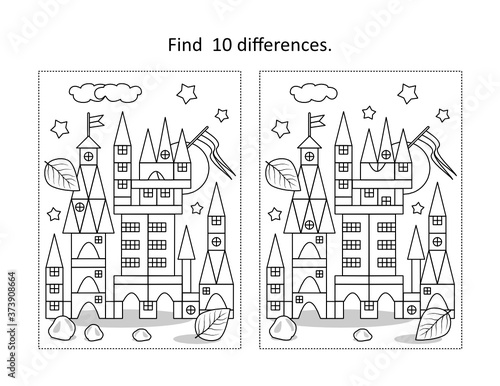 Find 10 differences visual puzzle and coloring page with toy tower building
