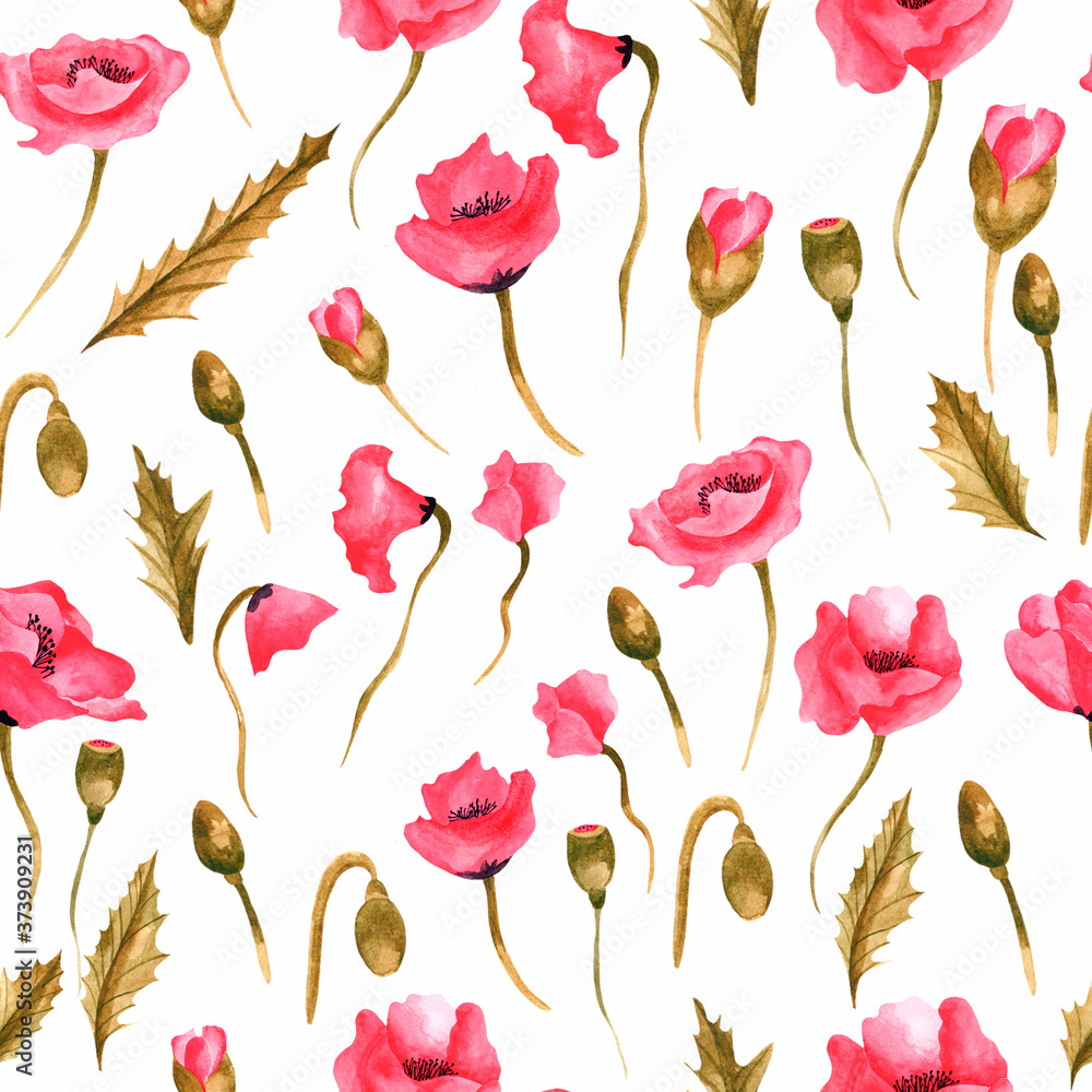 Watercolor seamless pattern with red poppies. Design of clothing, fabrics, Wallpaper, notebooks. Watercolor with poppies. Wildflowers. Design of greeting cards for holiday greetings.