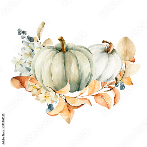 Watercolor pumpkins composition. Hand painted blue and orange pumpkins with leaves isolated on white background. Autumn festival. Botanical illustration for design, print or background photo