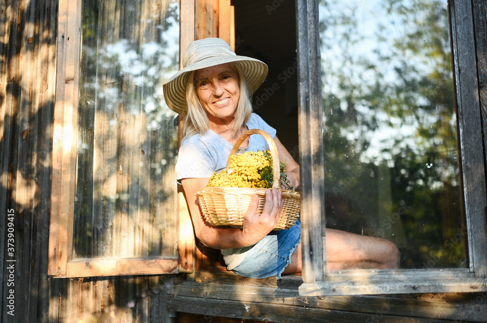 Obraz premium Happy smiling elderly woman having fun posing by open window in rustic old wooden village house in straw hat with flower basket. Retired old age people concept. Quarantine in the country house.