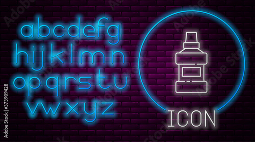 Glowing neon line Mouthwash plastic bottle and glass icon isolated on brick wall background. Liquid for rinsing mouth. Oralcare equipment. Neon light alphabet. Vector.