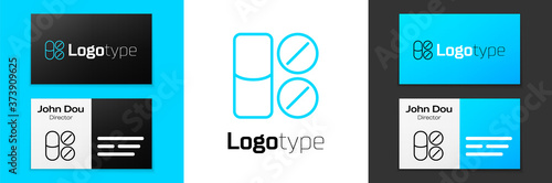 Blue line Toothache painkiller tablet icon isolated on white background. Tooth care medicine. Capsule pill and drug. Pharmacy design. Logo design template element. Vector.