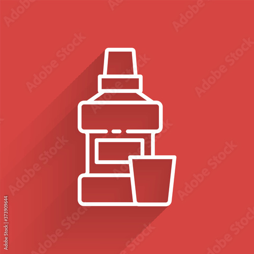 White line Mouthwash plastic bottle and glass icon isolated with long shadow. Liquid for rinsing mouth. Oralcare equipment. Vector.