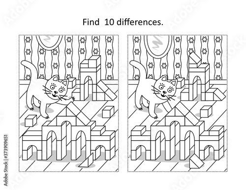 Find 10 differences visual puzzle and coloring page with playful cat and building blocks 
