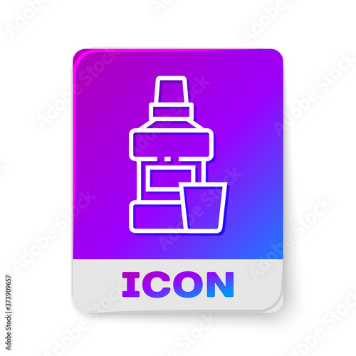 White line Mouthwash plastic bottle and glass icon isolated on white background. Liquid for rinsing mouth. Oralcare equipment. Rectangle color button. Vector.