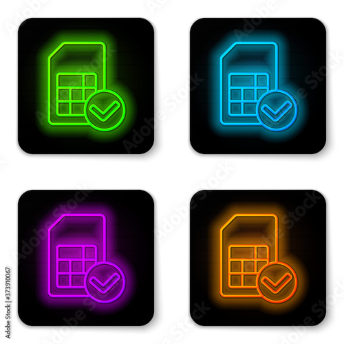 Glowing neon line Sim card icon isolated on white background. Mobile cellular phone sim card chip. Mobile telecommunications technology symbol. Black square button. Vector. photo