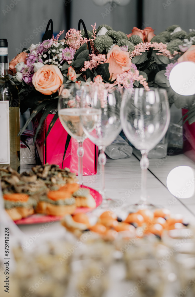 Wedding Decor In Pink Bronze - Green Dry Leaves, Flowers, White Table Cloth, Silk, Burning Candle, Green Carpet, Wine Glass, Fork Knife, Pink Napkin, Under Plate, Table Two