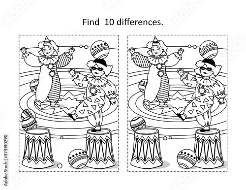 Find 10 differences visual puzzle and coloring page with two little clowns performing on circus arena

