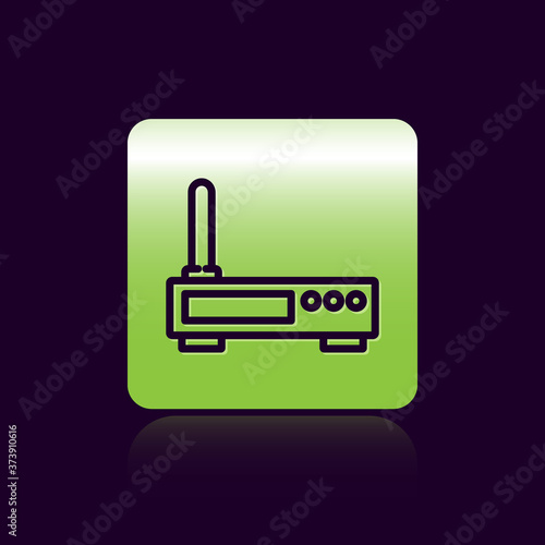 Black line Router and wi-fi signal icon isolated on black background. Wireless ethernet modem router. Computer technology internet. Green square button. Vector.