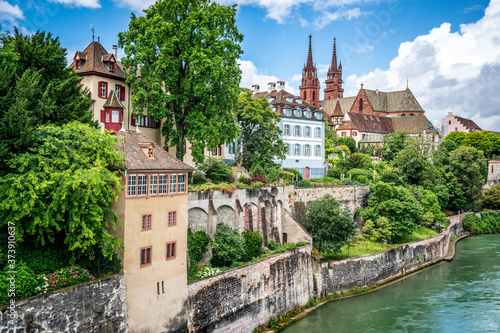 Basel cityscape with colourful old town skyline including the munster cathedral and river in Basel Switzerland photo