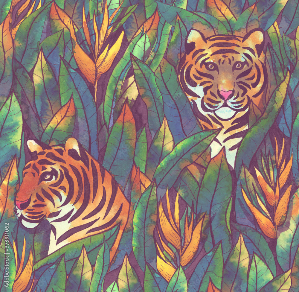 Tiger in tropical leaves hand-drawn by watercolor. Seamless tropical pattern. Stock illustration Tiger in tropical leaves hand-drawn by watercolor. Seamless tropical pattern. Stock illustration