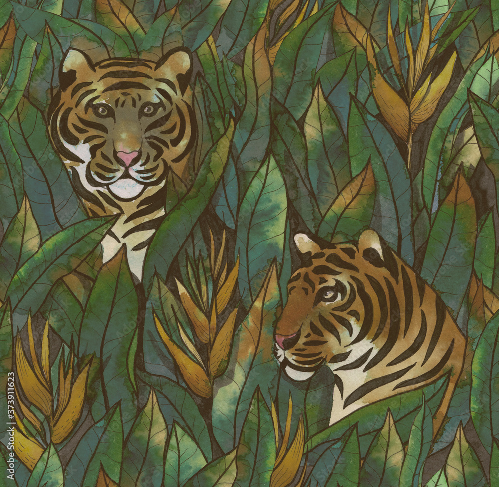 Tiger in tropical leaves hand-drawn by watercolor. Seamless tropical pattern. Stock illustration