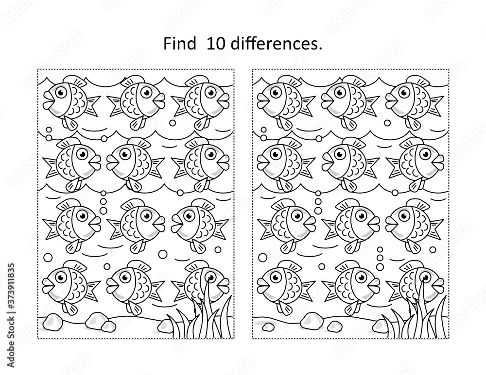 Vecteur Stock Find 10 differences visual puzzle and coloring page with ...