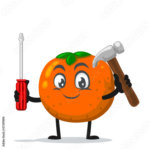 vector illustration of orange character or mascot holding hammer and screwdriver
