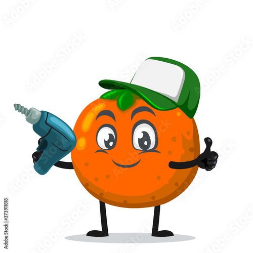 vector illustration of orange character or mascot holding hand drill