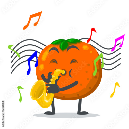 vector illustration of mascot or orange fruit character playing saxophone