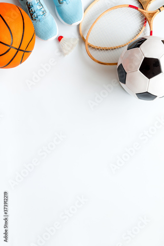 Frame of sport balls - football  basketball  badminton on white background