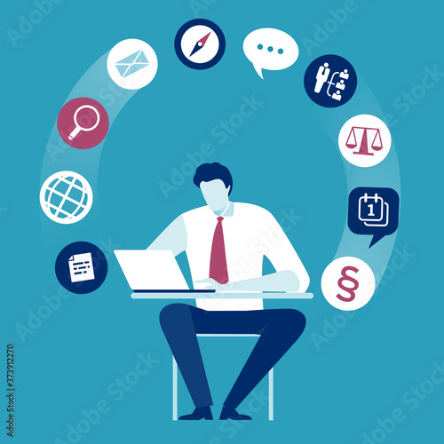 Distance working. The manager works with a laptop and rotating business icons. Business vector illustration.