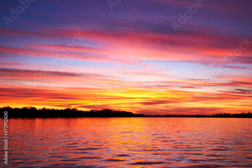 Colorful autumn sunset over the Danube river