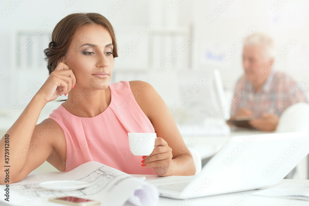 Beautiful young businesswoman architect working in office