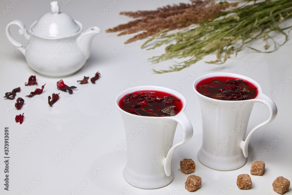 Hibiscus herbal tea made from Sudanese rose and mint flowers Hibiscus herbal tea made from Sudanese rose and mint flowers