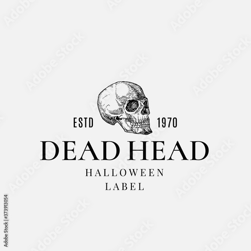 Premium Quality Halloween Logo or Label Template. Hand Drawn Creepy Sideview Scull Sketch Symbol and Retro Typography.