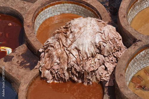 Schilderij op canvas Heap of the leathers in tannery of Fez, Morocco