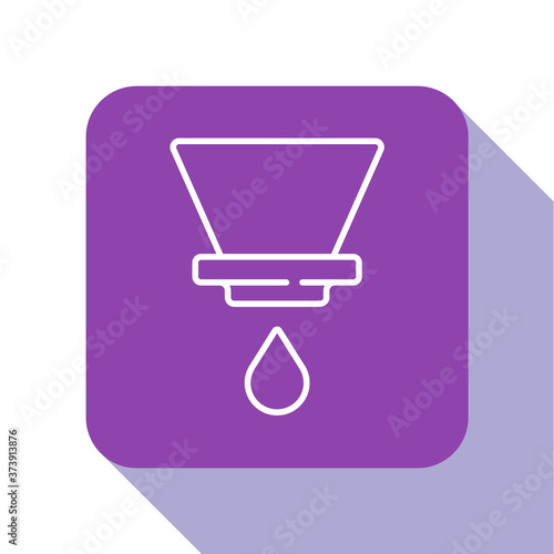 White line V60 coffee maker icon isolated on white background. Purple square button. Vector.