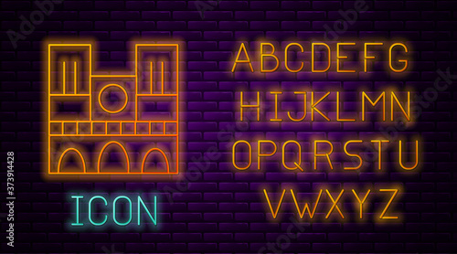 Glowing neon line Landmark of France Notre Dame de Paris icon isolated on brick wall background. Neon light alphabet. Vector.