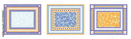 Set of mediterranean culture mosaic pattern isolated vectors, yellow, blue, white tiles frame design
