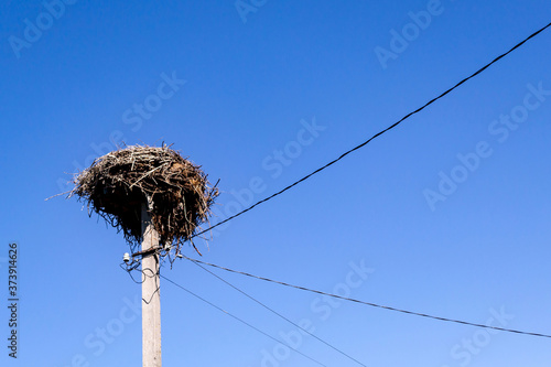 A huge bird's nest on top of an electric pole. The nests are made out of a lot