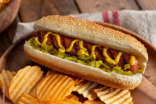 Slika na platnu Grilled Hot Dog and Potato Chips