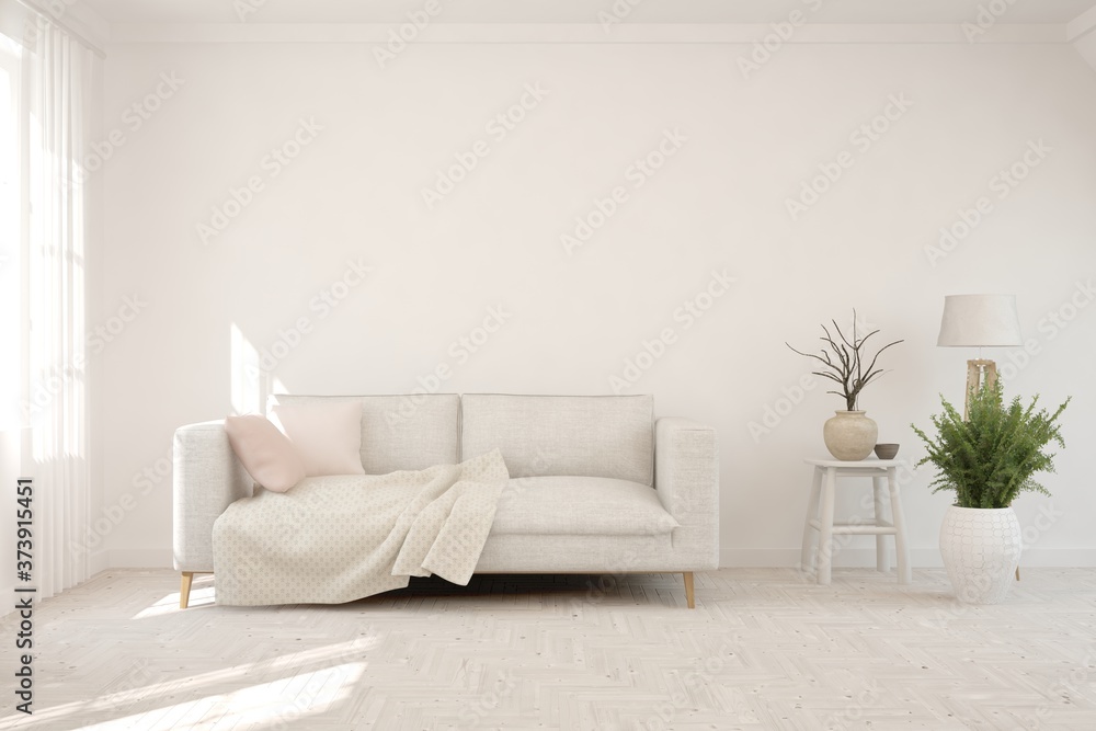 Fototapeta premium White living room with sofa. Scandinavian interior design. 3D illustration