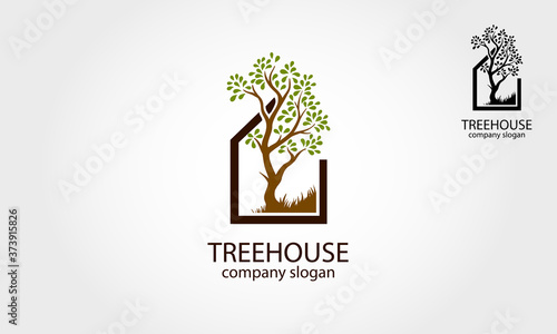 Tree House Vector Logo Illustration. Simple logo concept with house and tree. Excellent logo for garden, decoration, landscaping, botany and etc, simple and unique concept.